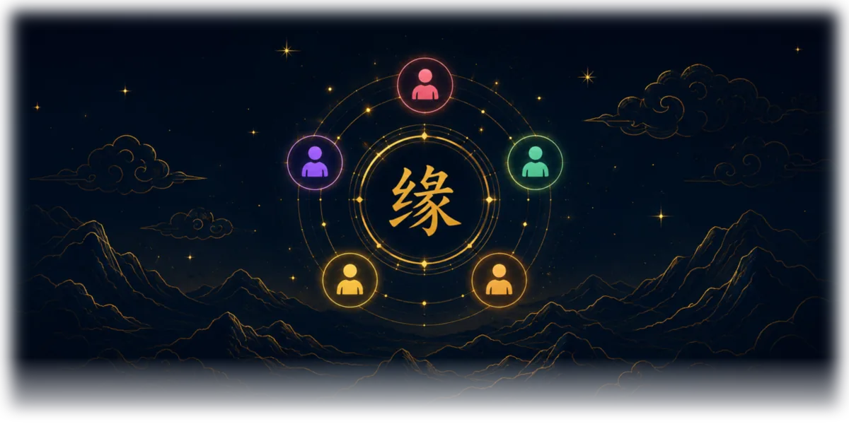 Illustration of the character 緣 inside a gold ring, circled by five coloured figures over night-sky mountains
