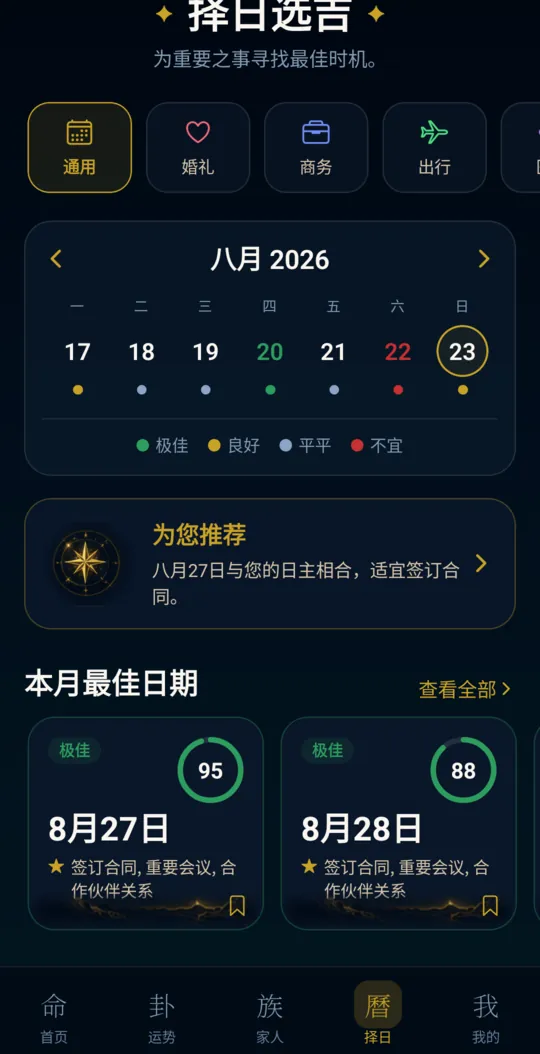 Bazi Fortune 择日选吉页面：用途标签、每个已解锁日期下方带评级圆点的周历条、“为您推荐”卡片，以及“本月最佳日期”评分