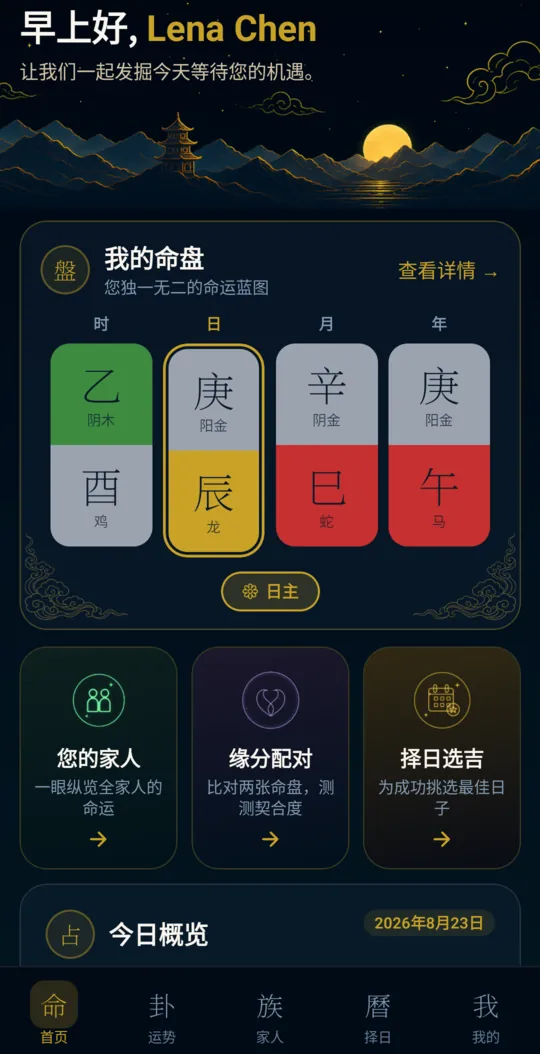 Bazi Fortune Android 版首页：夜空群山背景上的问候语，“我的命盘”卡片显示时、日、月、年四柱及“日主”按钮，下方是“家人”“合婚配对”“择日选吉”快捷入口，再往下是“今日概览”。